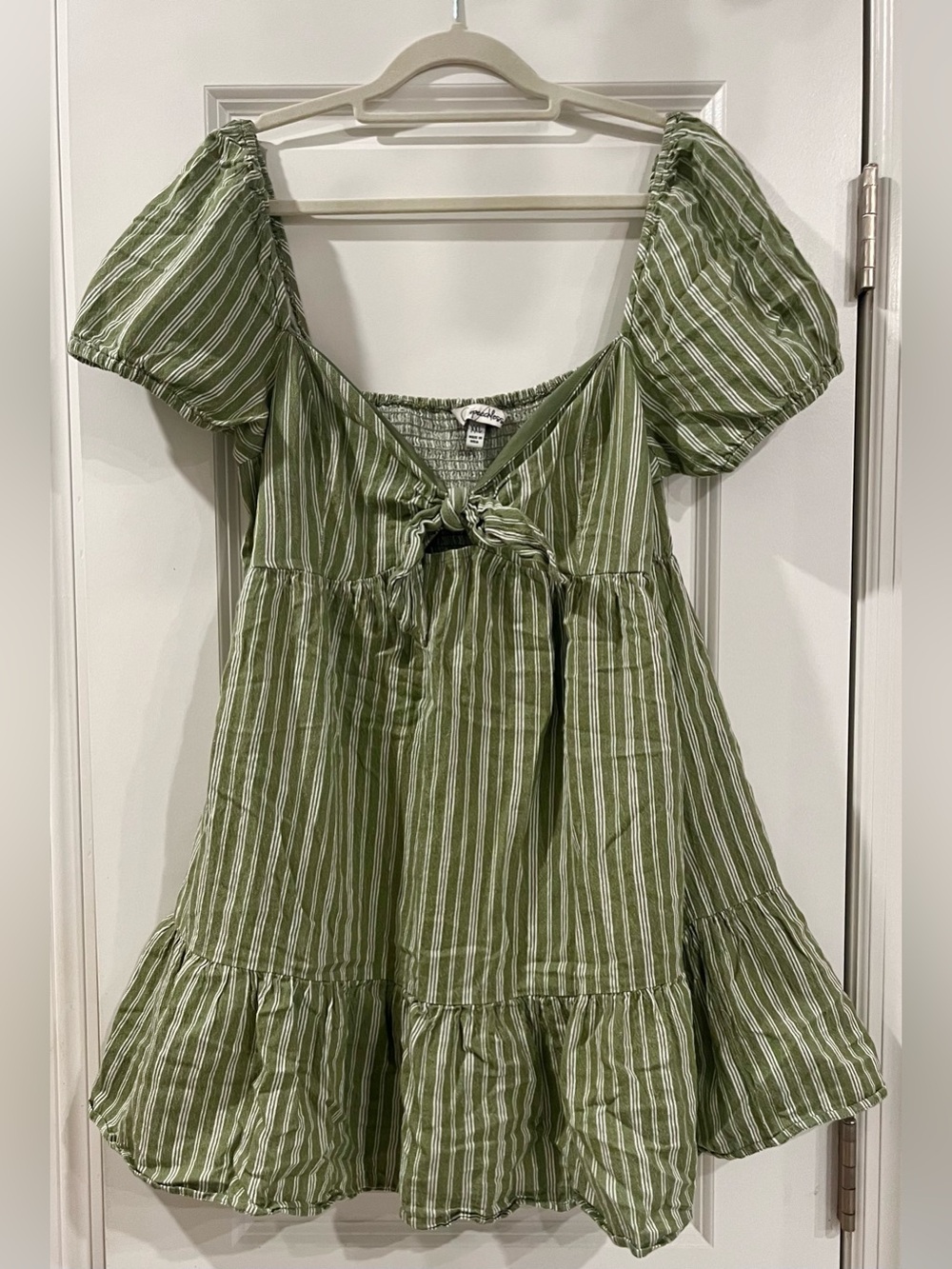 Olive Striped Linen Cotton Milkmaid Mini Dress with Tie Front Peep Hole